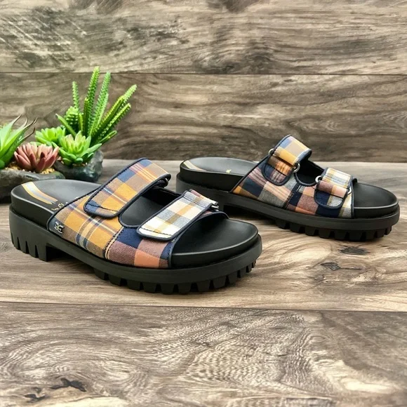 NIB Sam Edelman Eliana Two Strap Lug Sole Slide Sandal Mustard Plaid